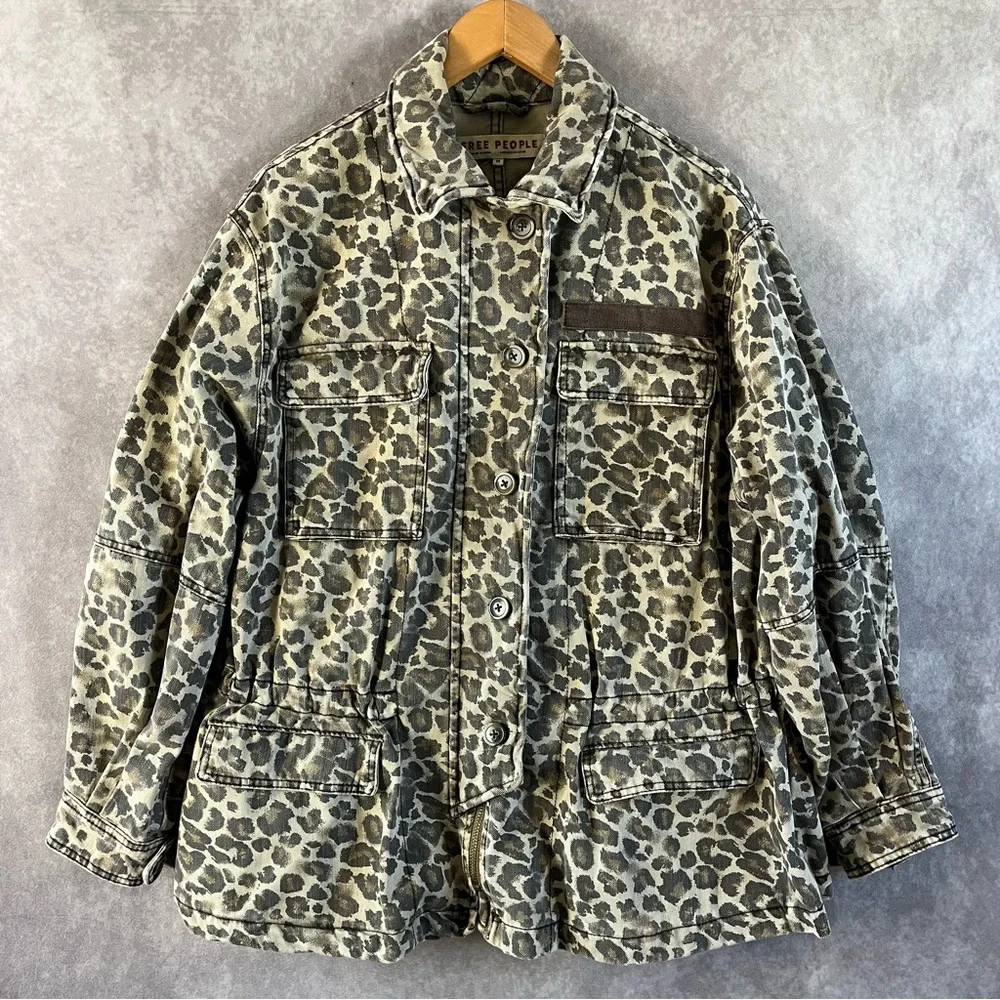Free People Jacket Women XS Tan Military Field Animal Leopard Print Zip Button - Picture 2 of 14